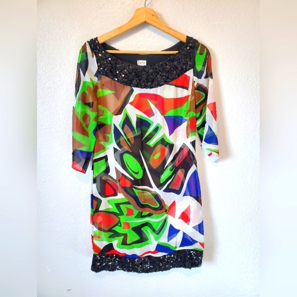 💚5/$25 Caché 100% Silk & Sequin vibrant Abstract Print Sheer Mini Dress XS - Picture 1 of 7